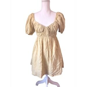 Yellow Smocked Puff Sleeve Babydoll Dress Cottagecore Mini Size M